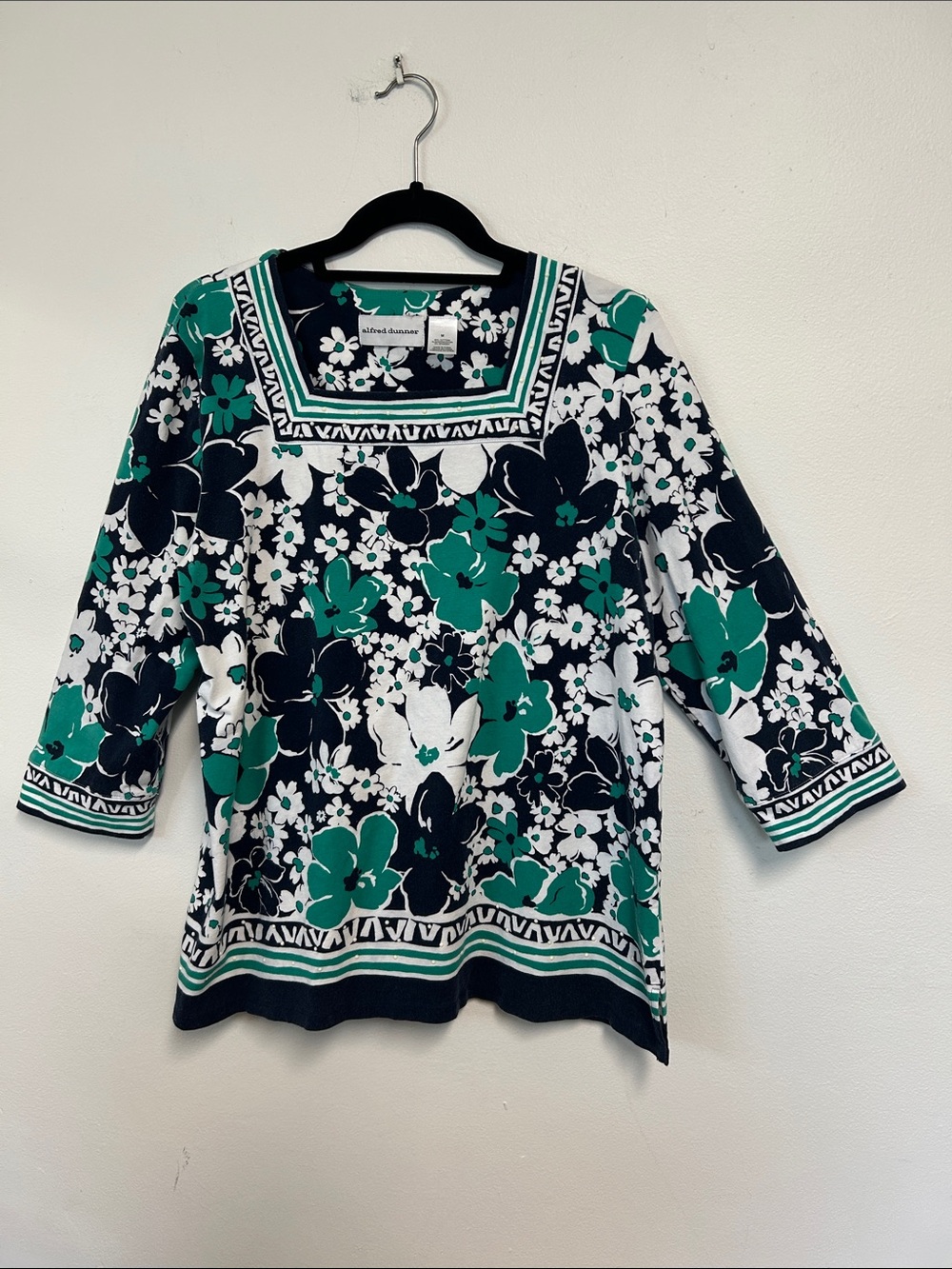 Alfred Dunner Floral Square-Neck Beaded Details Green & Navy Tunic Womens M